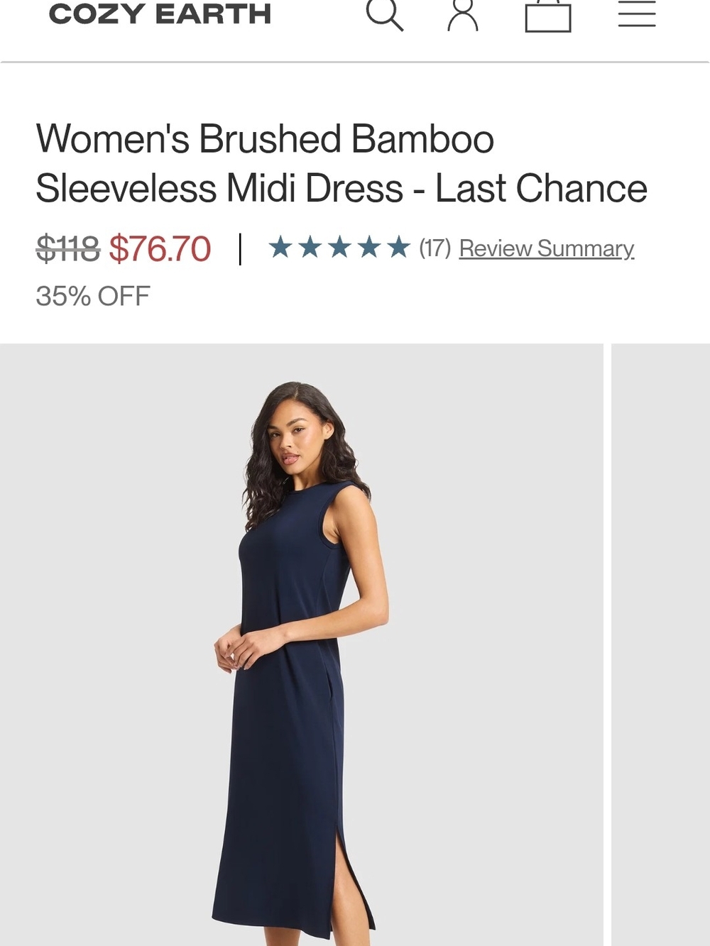 Sleeveless Brushed Bamboo Midi Dress in Navy by Cozy Earth